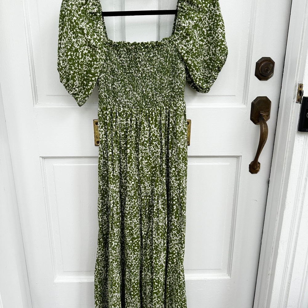 Abercrombie & Fitch Smocked Puff Sleeve Linen Midi Dress